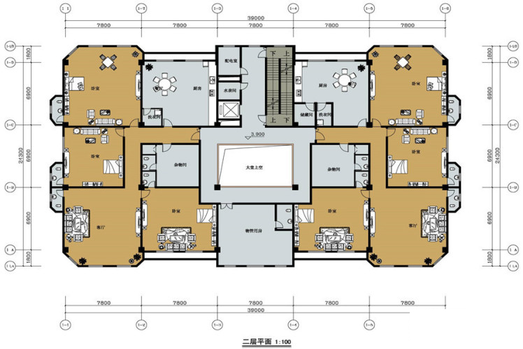 A户型二层平面 3室2厅1卫1厨 123.00㎡