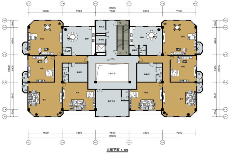 A户型三层平面 3室2厅2卫1厨 118.00㎡