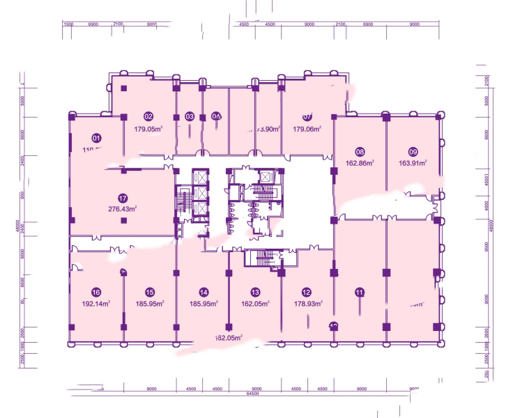 现代大厦（总部商务写字楼）2层平面图 开间 69.7-276.43㎡