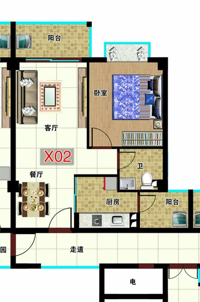 X02户型图 1室2厅1厨1卫2阳台