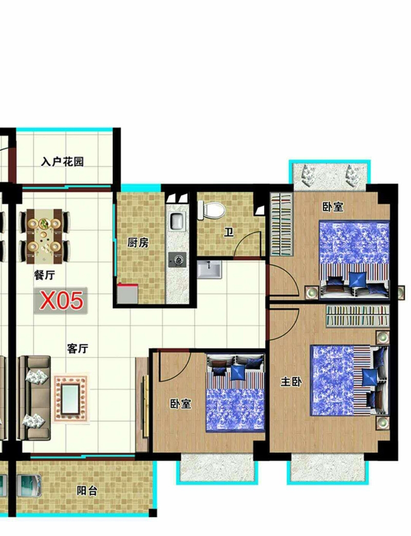 X05户型图 3室2厅1厨1卫1阳台