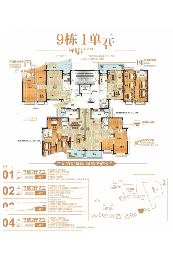 恒大帝景9栋1单元标准层 3室2厅2卫1厨 129㎡