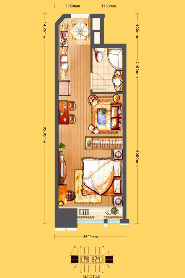 泰安新城时代公寓E3户型 1室1厅1卫--厨 47.42