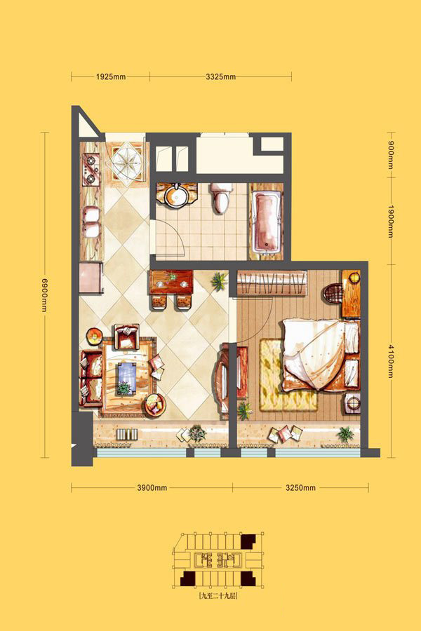 泰安新城时代公寓E4户型 1室1厅1卫1厨 58.73㎡