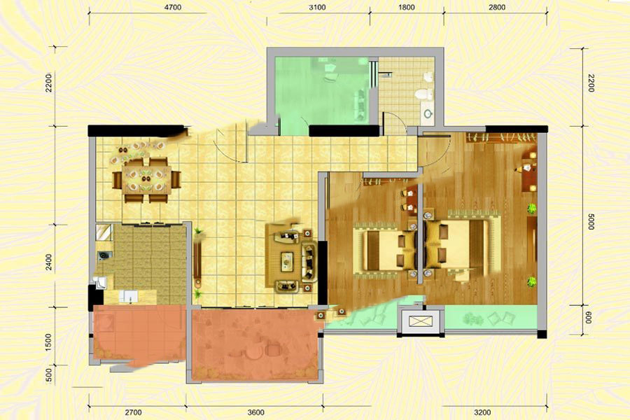 名城世家1-2幢04房 3室2厅1卫1厨 83.59㎡