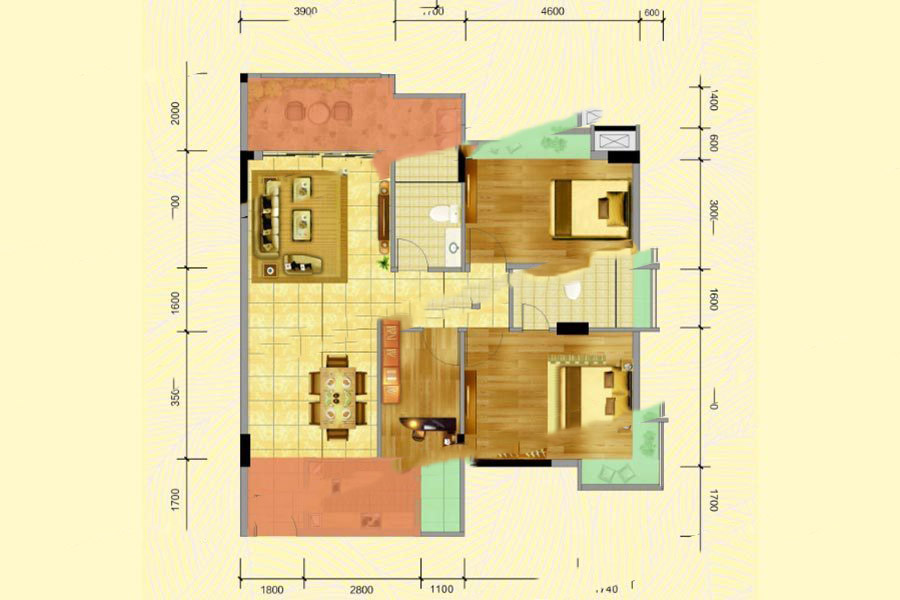 名城世家1-2幢07房 3室2厅2卫1厨 105.42㎡
