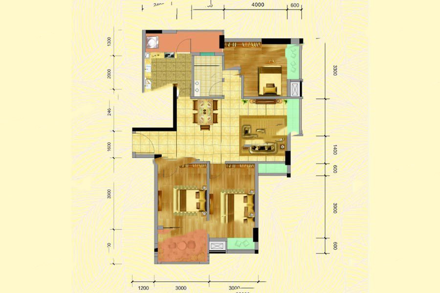 名城世家1-2幢08房 3室2厅1卫1厨 99.4㎡