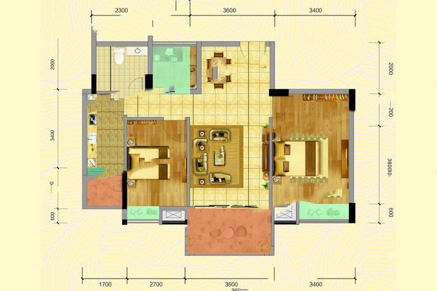 名城世家1-2幢09房 3室2厅1卫1厨 86.97㎡