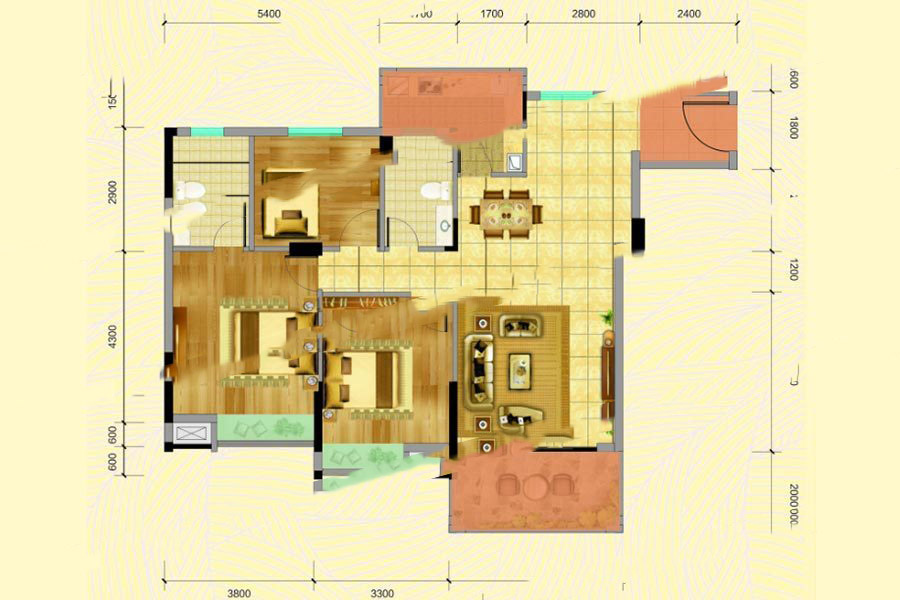 名城世家1-2幢10房 3室2厅2卫1厨 112.88㎡