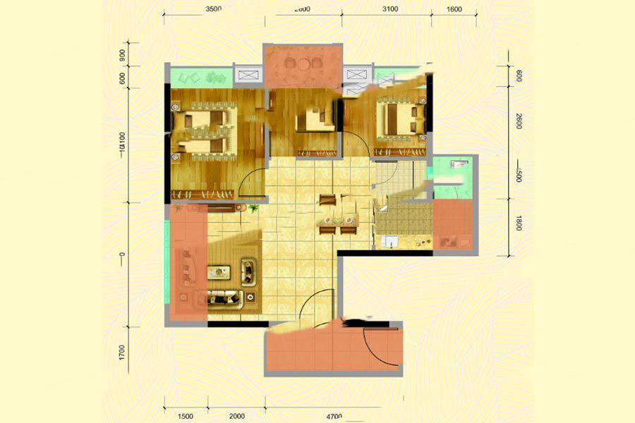 名城世家3幢01房 3室2厅1卫1厨 83.01㎡