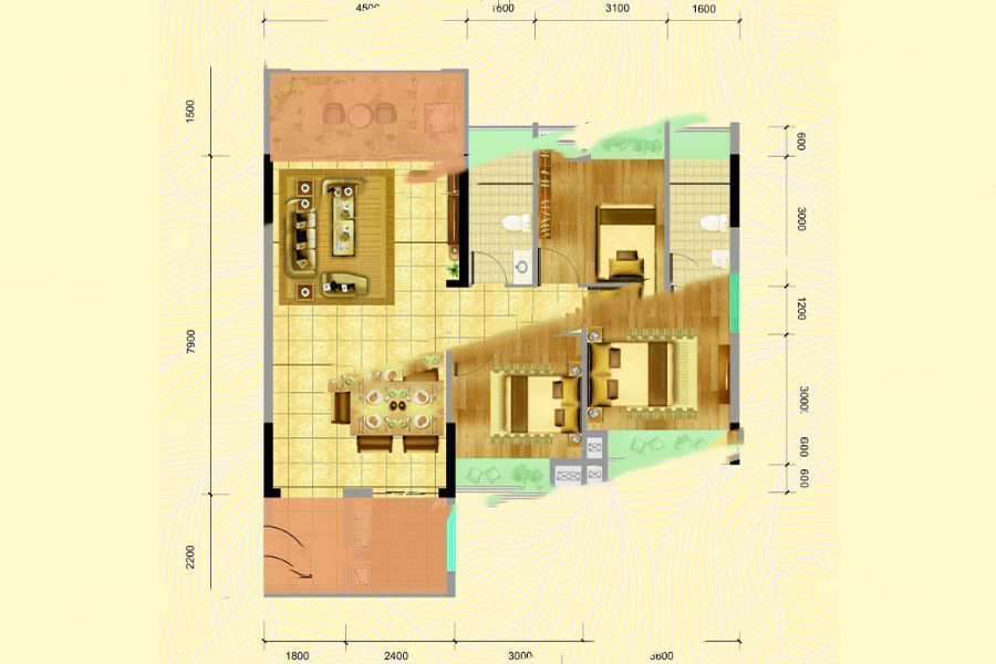 名城世家3幢03房 3室2厅2卫1厨 98.41㎡