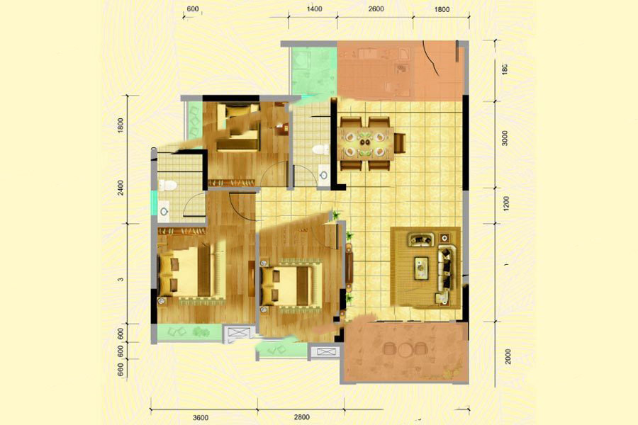 名城世家3幢04、05房 3室2厅2卫1厨 97.95㎡
