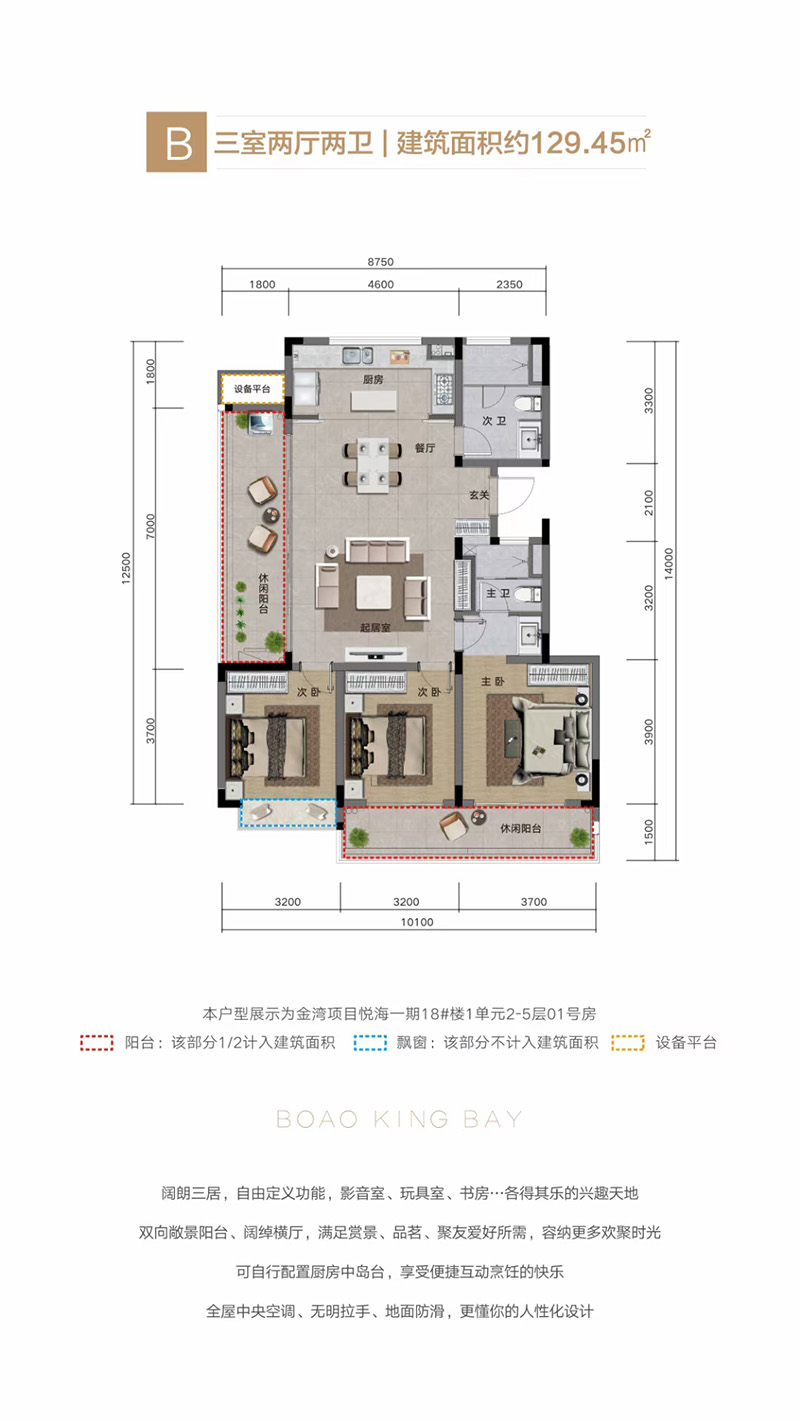 融创金成博鳌金湾B户型三室两厅两卫 129.45㎡