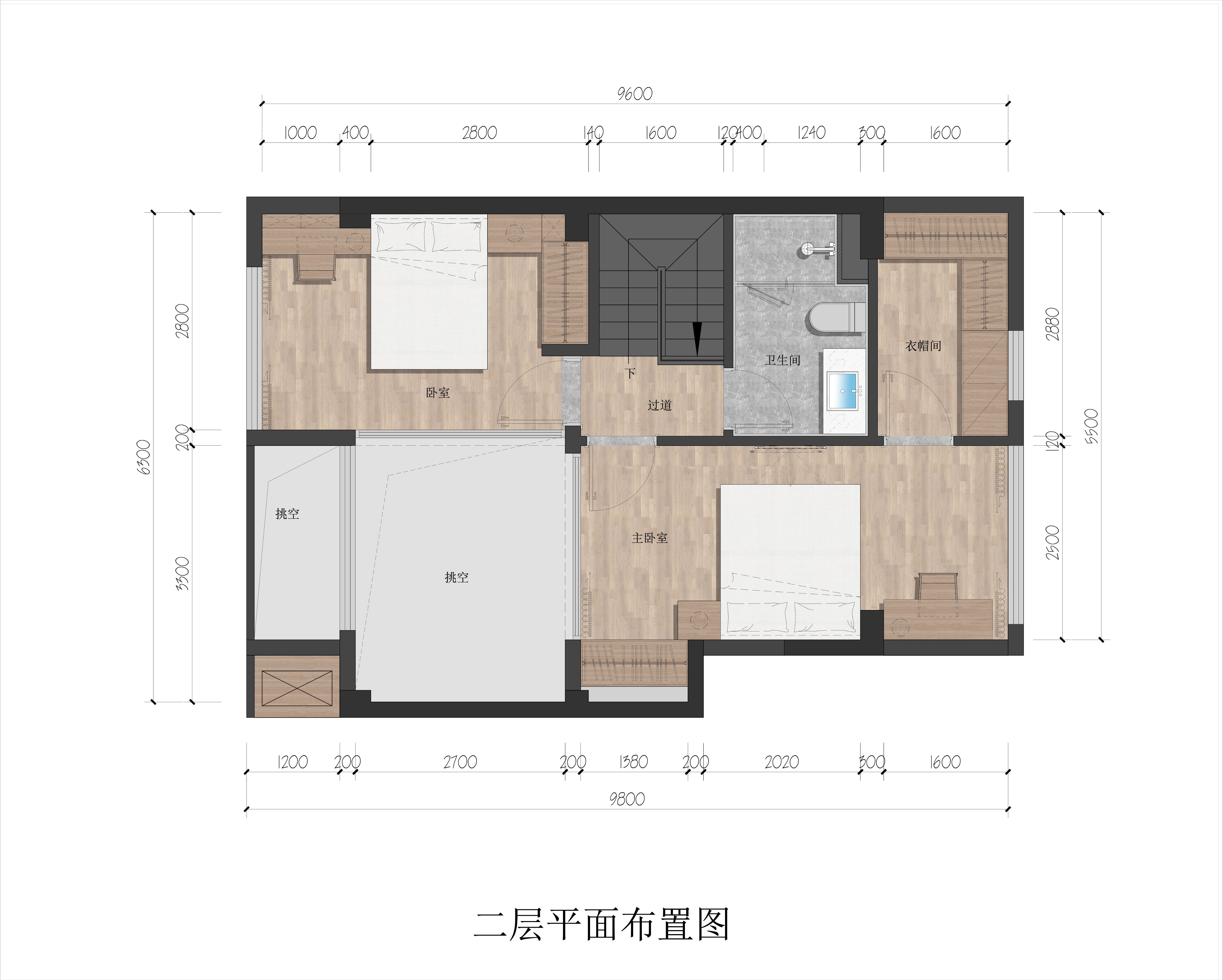 九所泊云loft产品：三室两厅两卫68㎡  二层平面布置图
