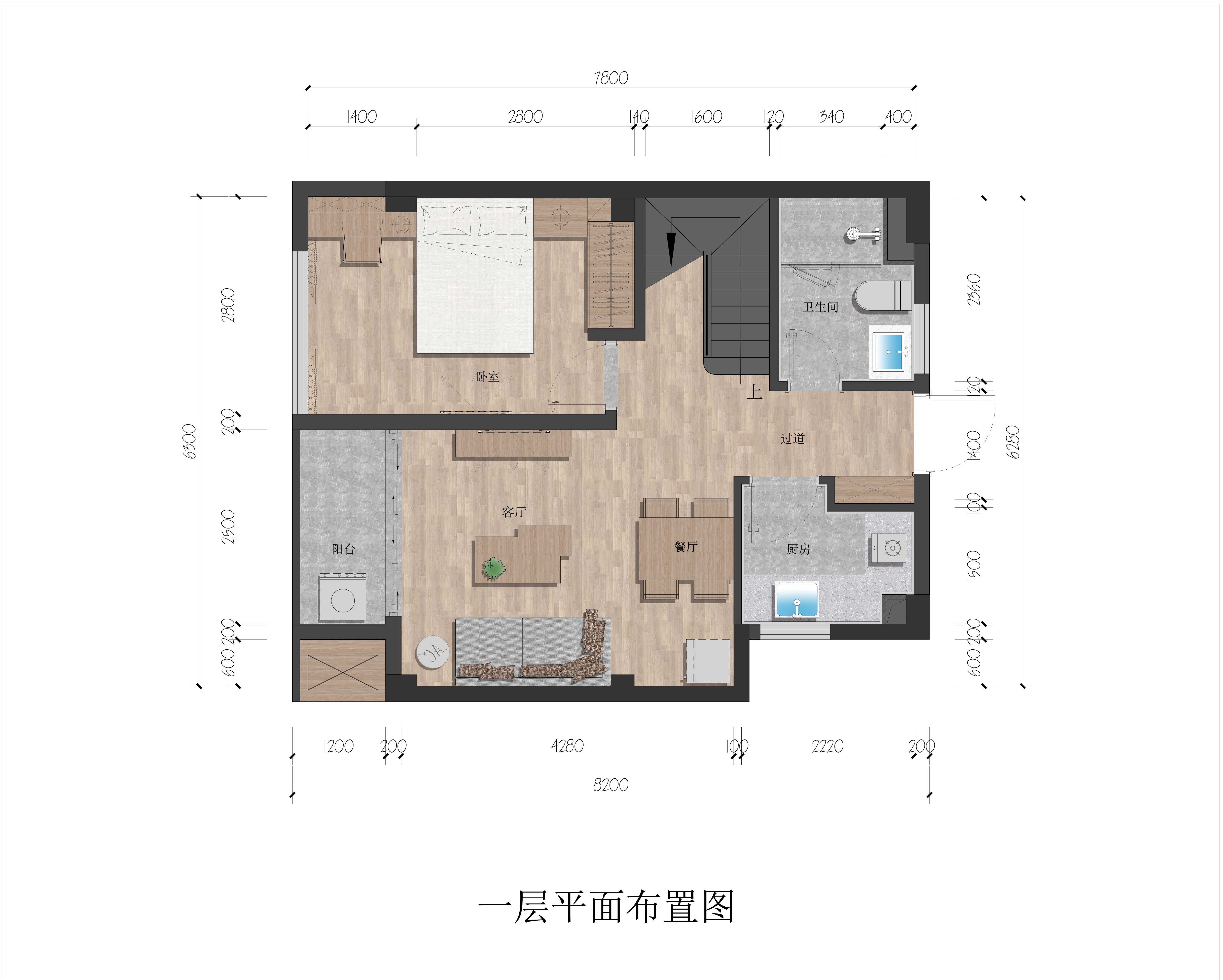 九所泊云loft产品：三室两厅两卫68㎡  一层平面布置图