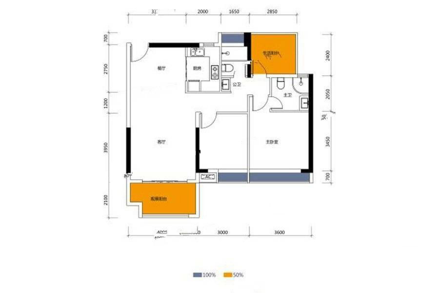 鼎盛华府2-03户型 2室2厅2卫1厨 106㎡