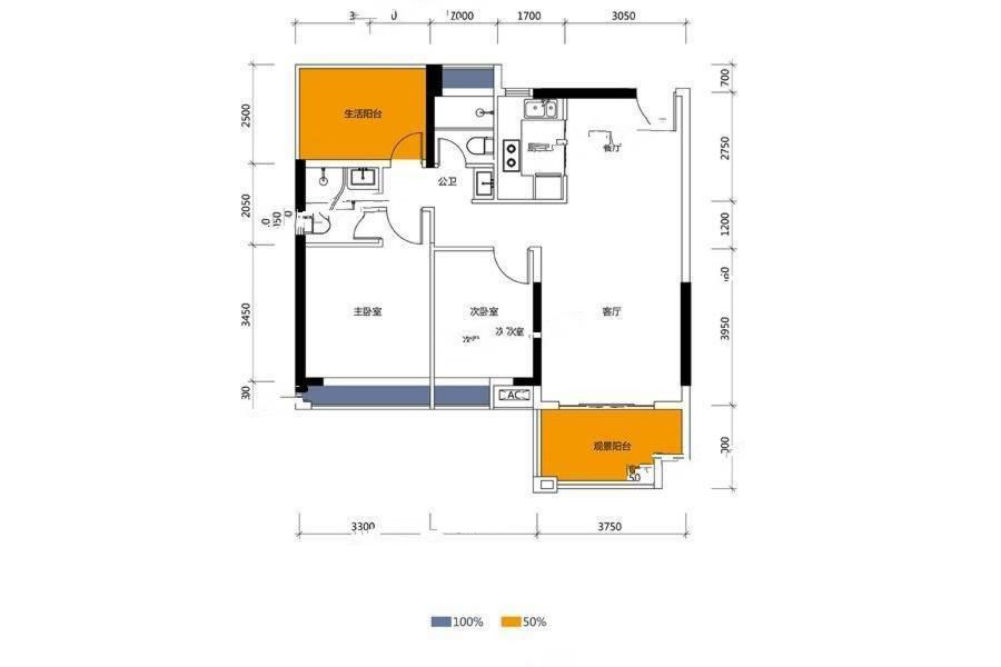 鼎盛华府2-02户型 2室2厅2卫1厨 99㎡