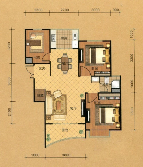 C1户型三室两厅一卫一厨91平